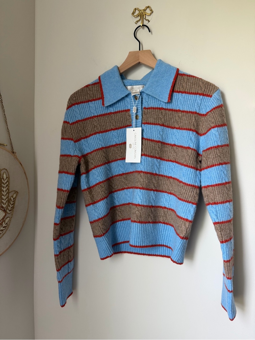 Caroline Constas Blue Brown Striped Polo Knit long sleeve Top
